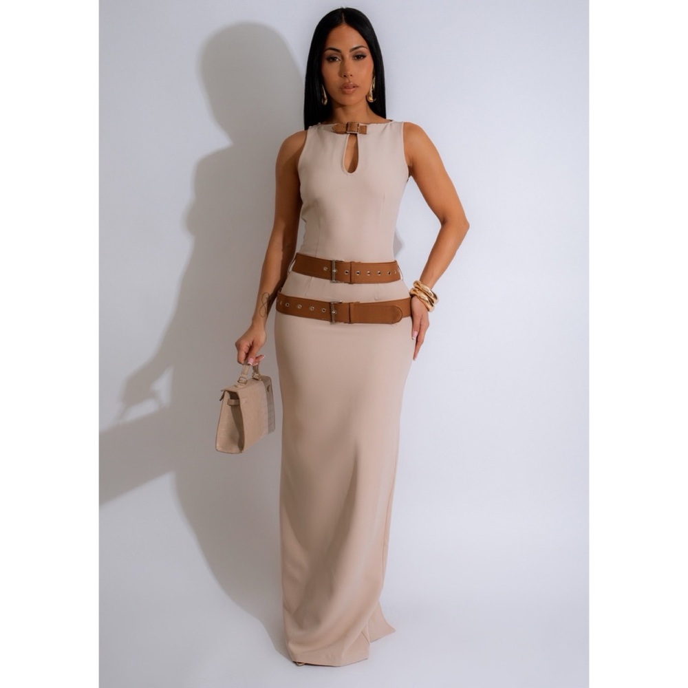 Nude belted maxi dress